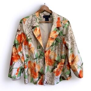 Susan Graver Womens Floral Print XL Dressy Suit Jacket Blazer Lined Orange Beige